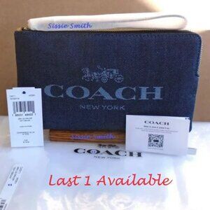 NWT Large Denim Corner Zip Wristlet with Coach Print